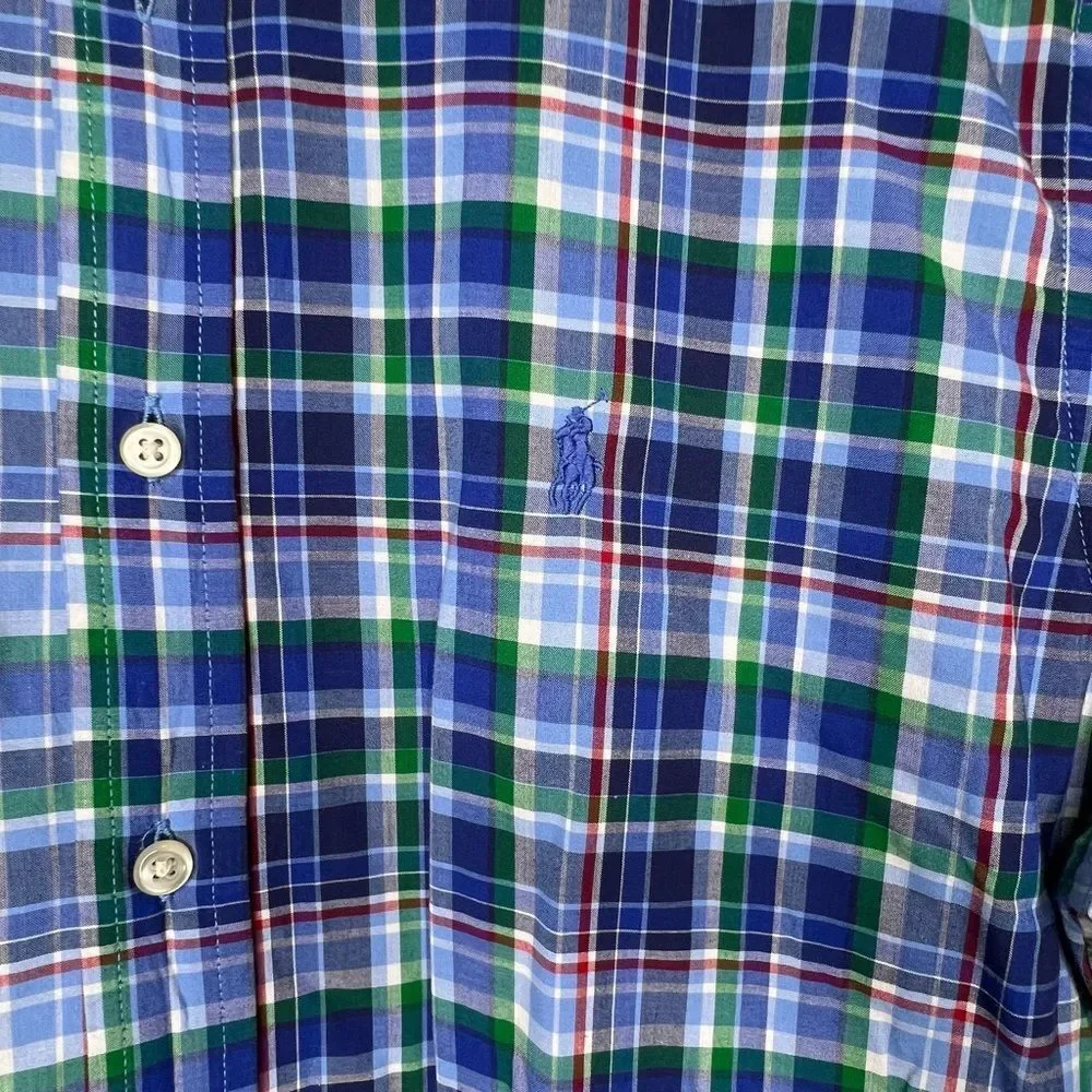 Ralph Lauren Button Down Short Sleeve Blue Plaid Boys Preppy Casual Shirt Sz XL
